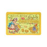 Yellow rectangular amaretti tin with illustrated label and gold accents