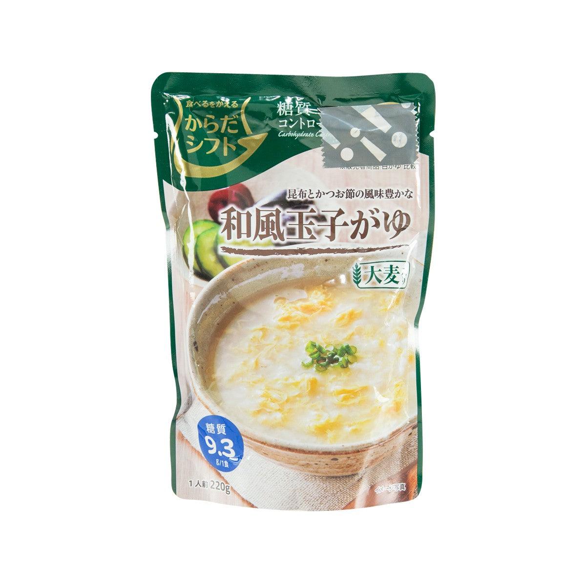 Kelp & bonito stock egg congee instant pouch, green and white packaging