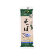 Dried soba noodle pack, green-and-white front with large Japanese label