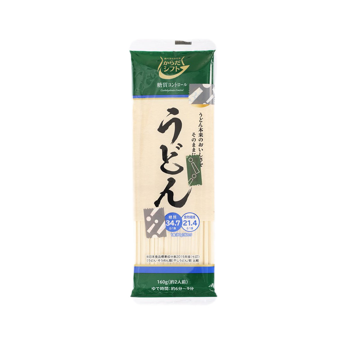 Dried udon noodle packet with green top and cream body, 160 g