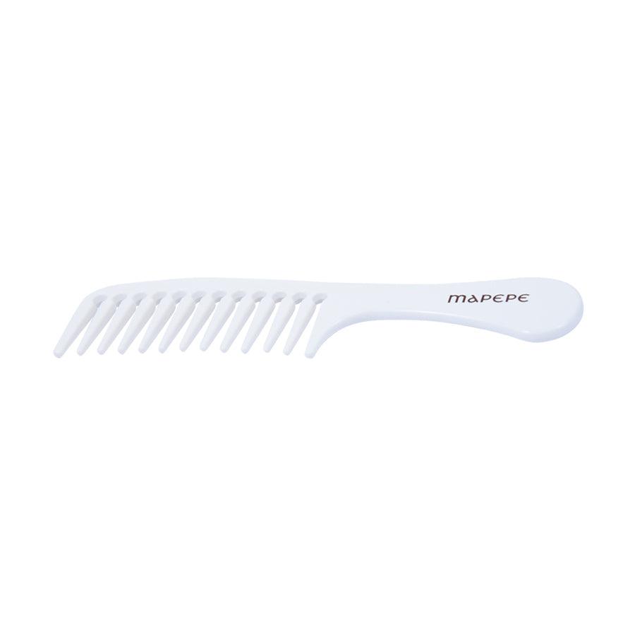 White bath time hair comb with long teeth and mapepe logo on handle