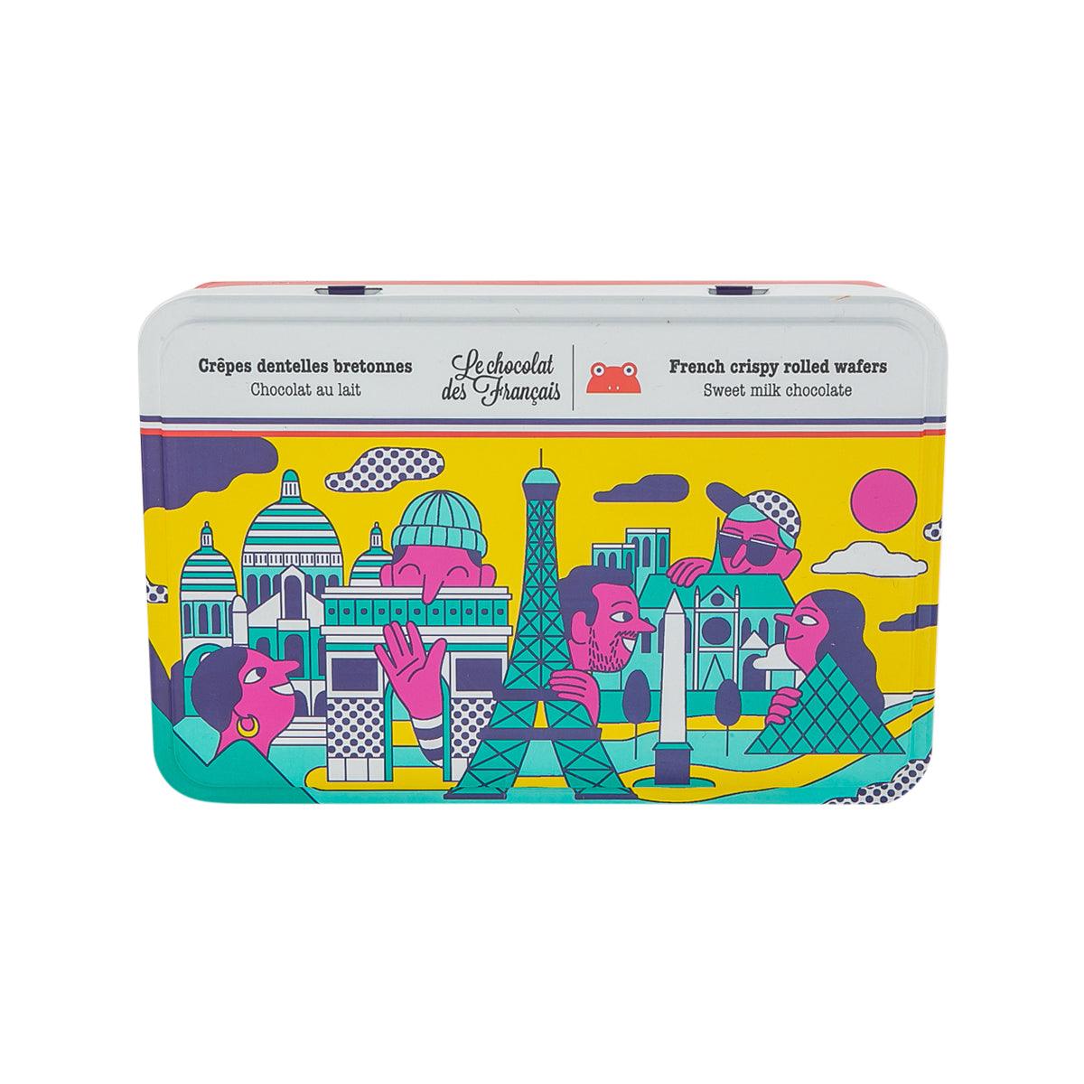 Milk chocolate rolled wafers tin with colorful illustrated front label
