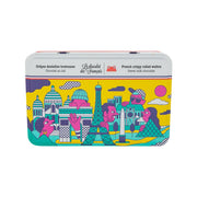 Milk chocolate rolled wafers tin with colorful illustrated front label