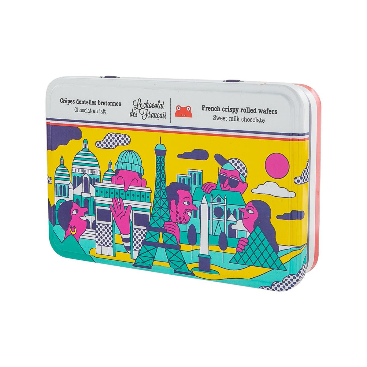 Milk chocolate rolled wafers tin side view with illustrated front panel