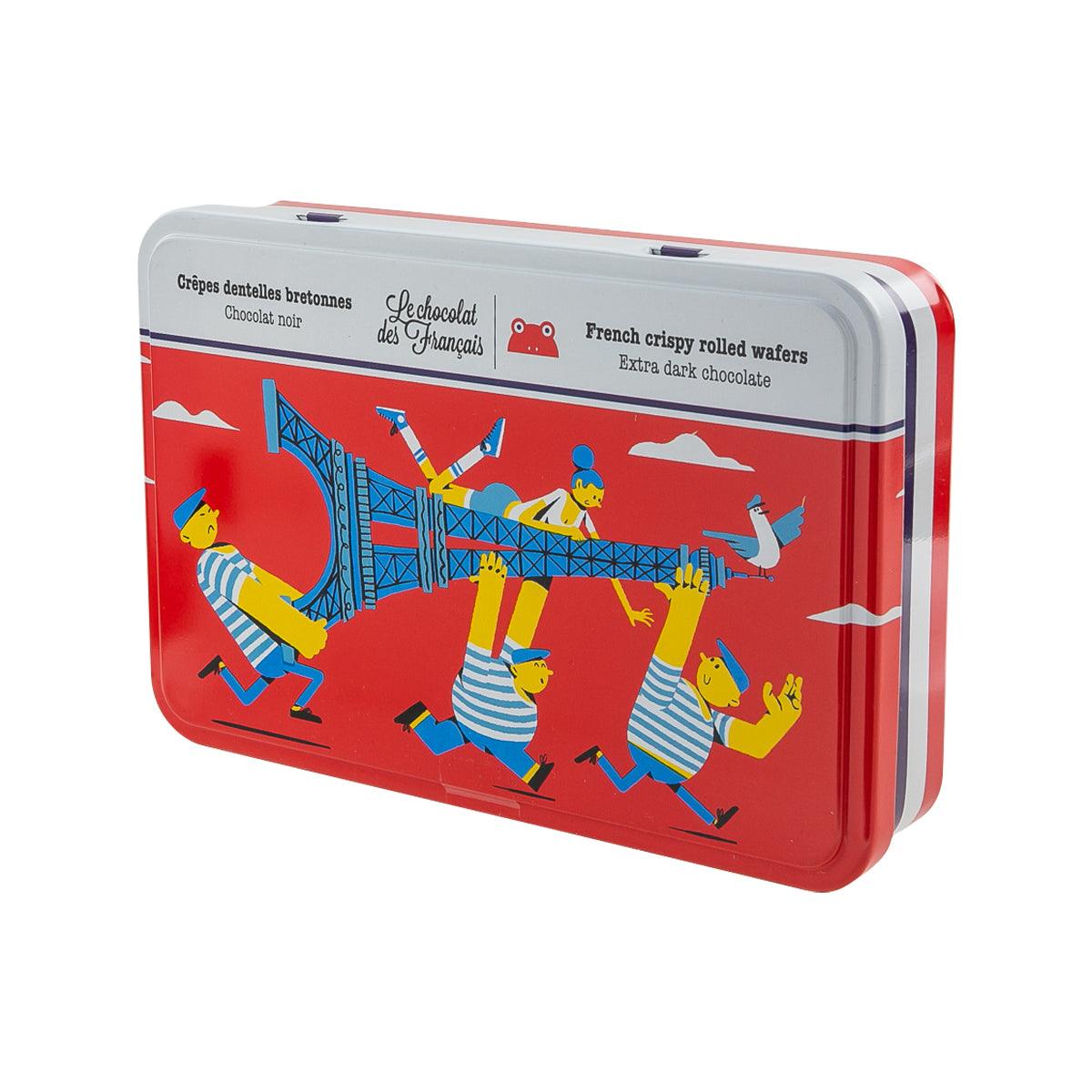 Dark chocolate crispy rolled wafers tin with red illustrated package front