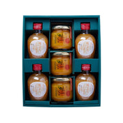 Gift set box with multiple mikan juice bottles and mikan jam jars in teal tray
