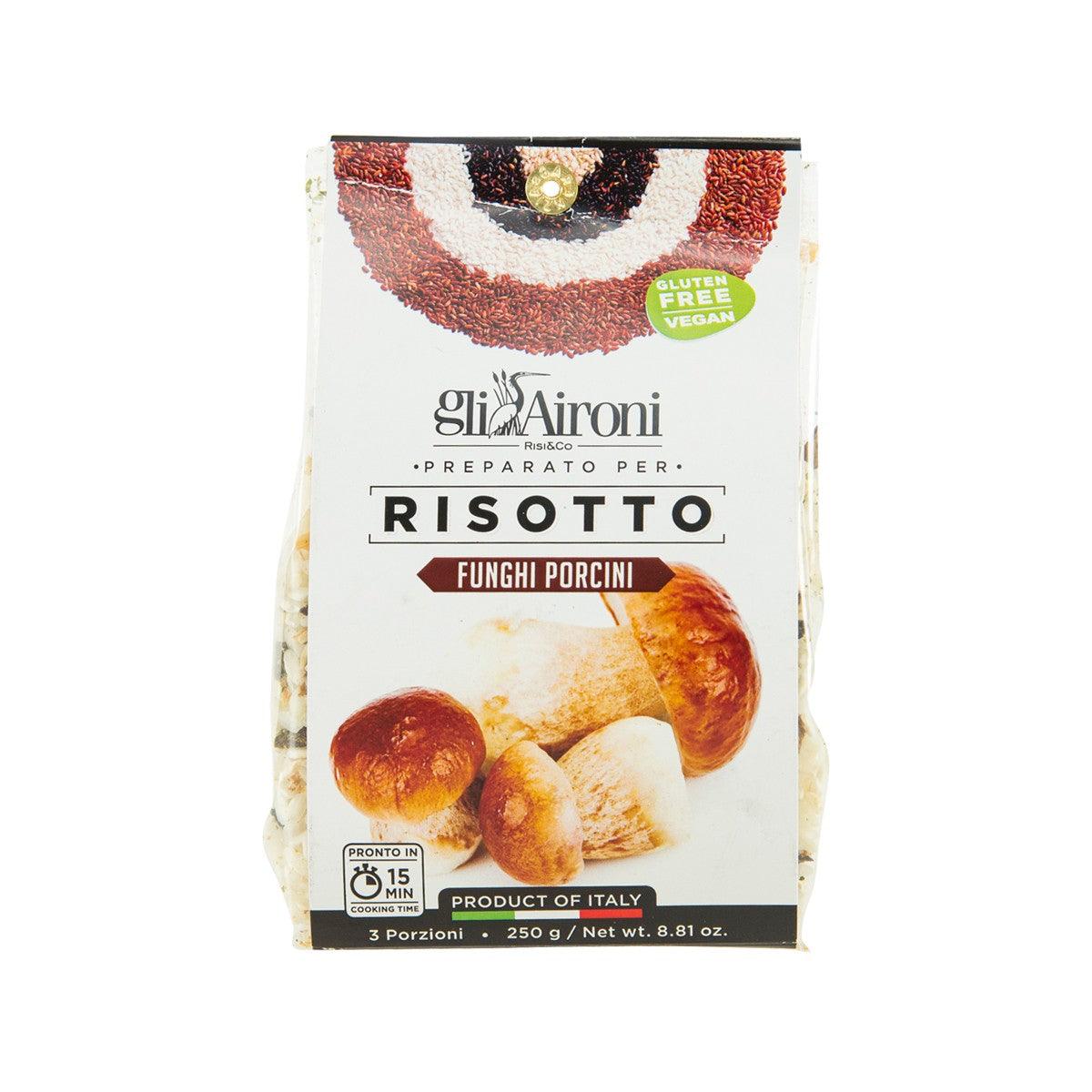 AIRONI porcini risotto mix pouch, white bag with mushroom print and logo
