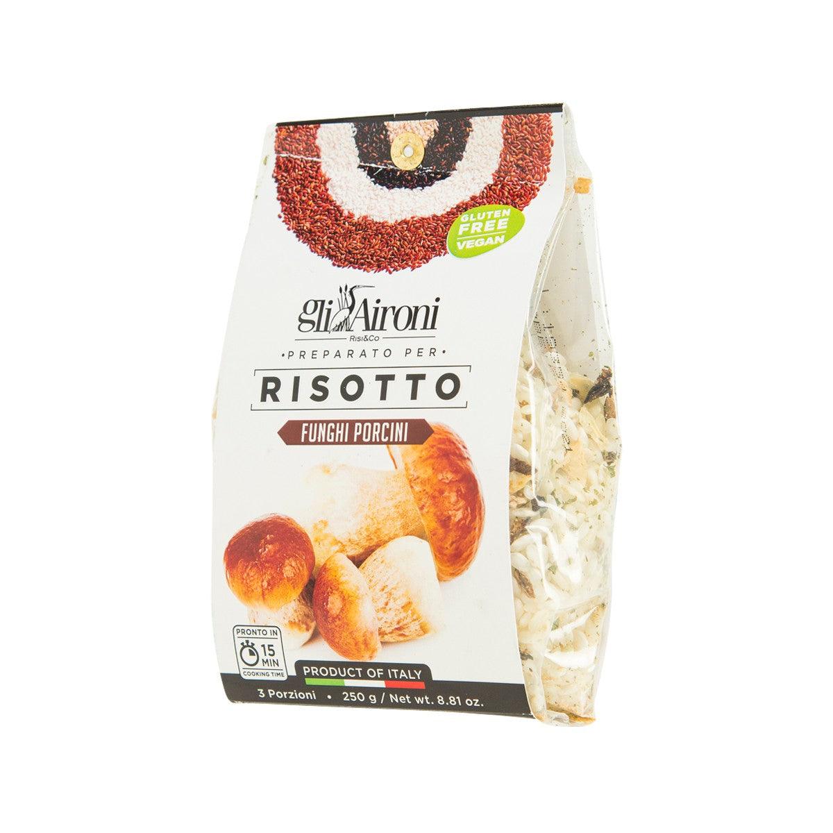 AIRONI porcini risotto mix pouch, angled view with side flap and mushroom image