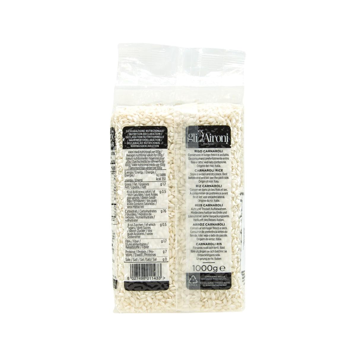 Back of gliAironi rice bag with barcode and nutrition panel, 1,000 g