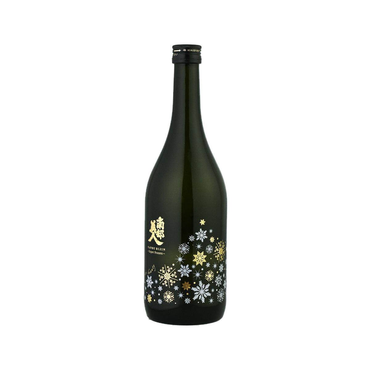 NANBUBIJIN frozen junmai daiginjo nama sake bottle, dark bottle with snowflake labels