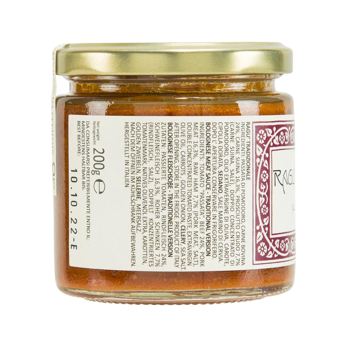 AMERIGO traditional Bolognese meat sauce jar, back label, product details