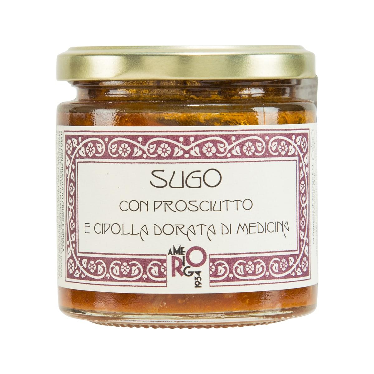 Ham and onion tomato sauce jar with gold lid, front label