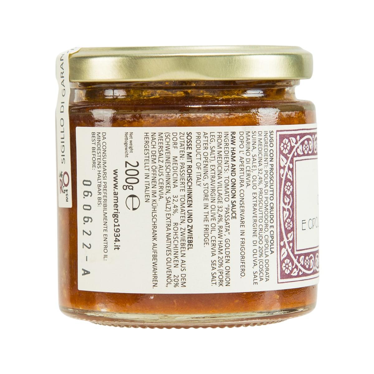 Ham and onion tomato sauce jar, back label with ingredients panel