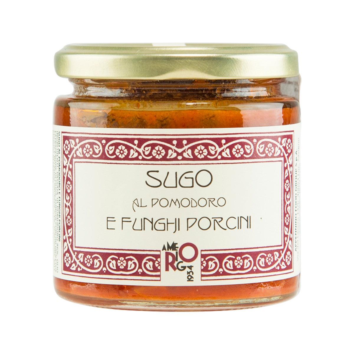 Tomato and porcini mushroom sauce jar with gold lid, glass container