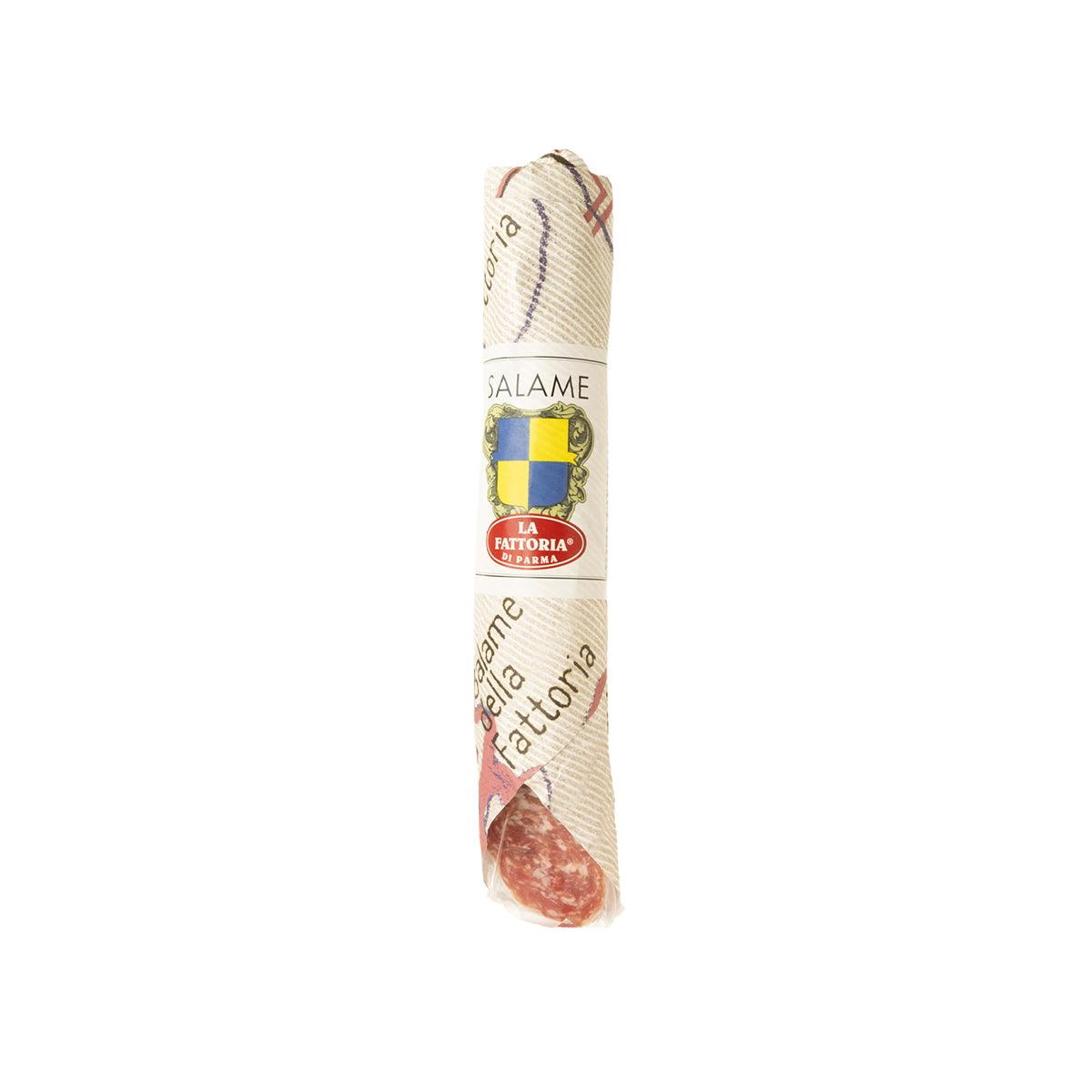 Whole salami in white-beige casing with branded label band, LA FATTORIA DI PARMA