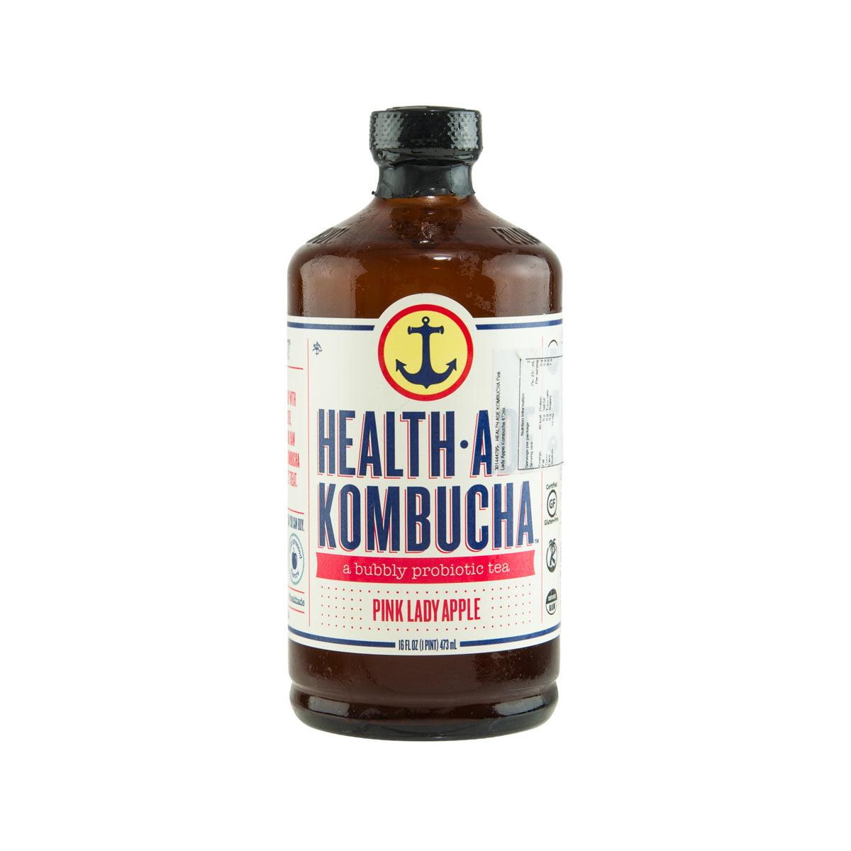 HEALTH ADE Kombucha bottle with Pink Lady Apple label, amber glass