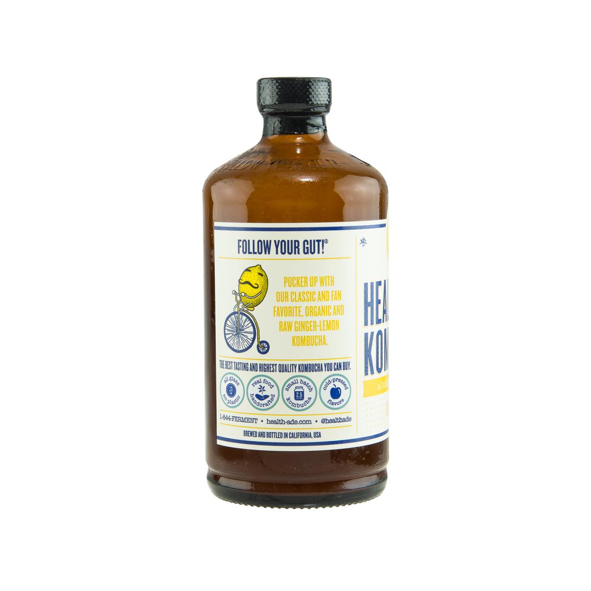 HEALTH-ADE Kombucha ginger-lemon bottle rear view with product label