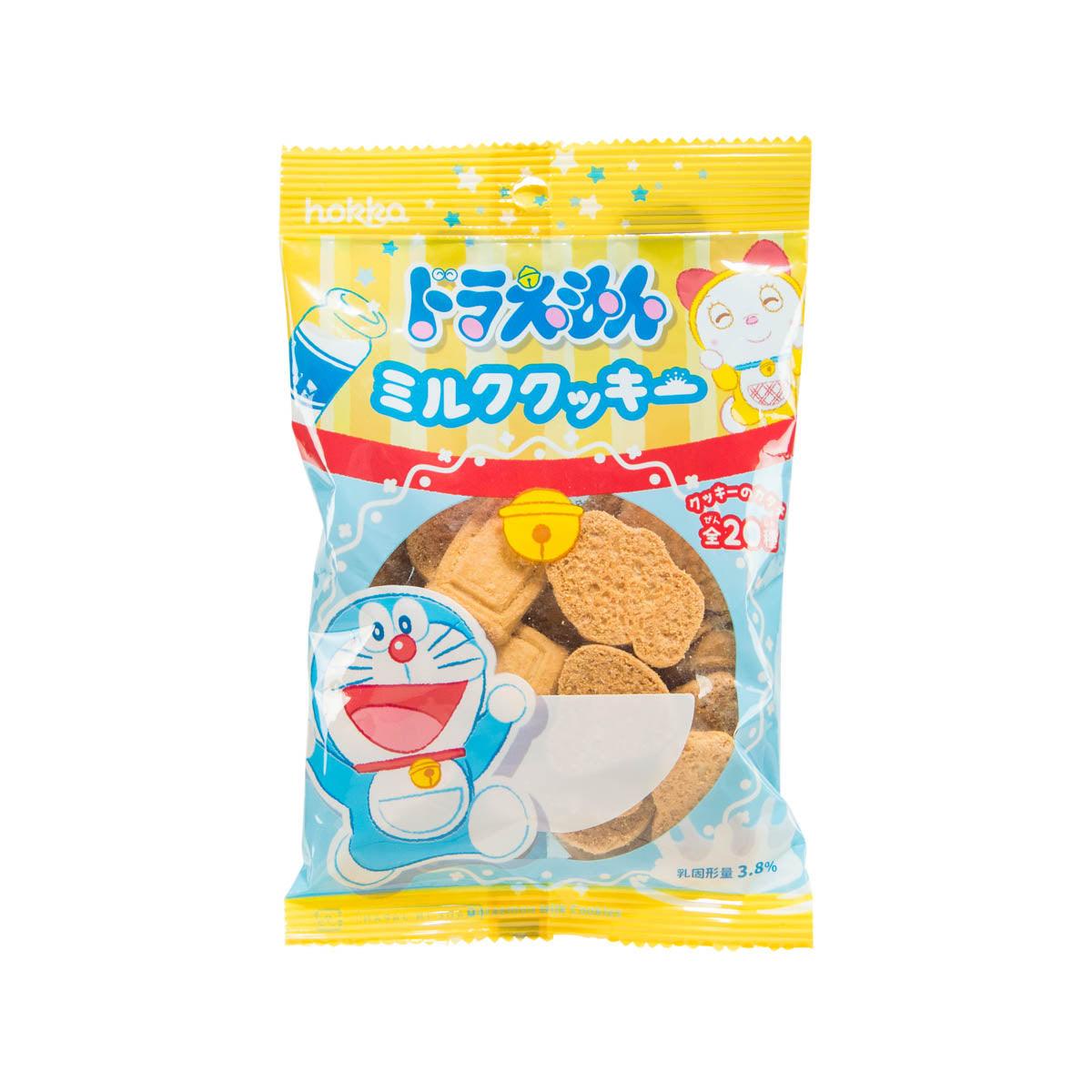 Milk cookie pouch with Doraemon illustration and round cookies visible through window