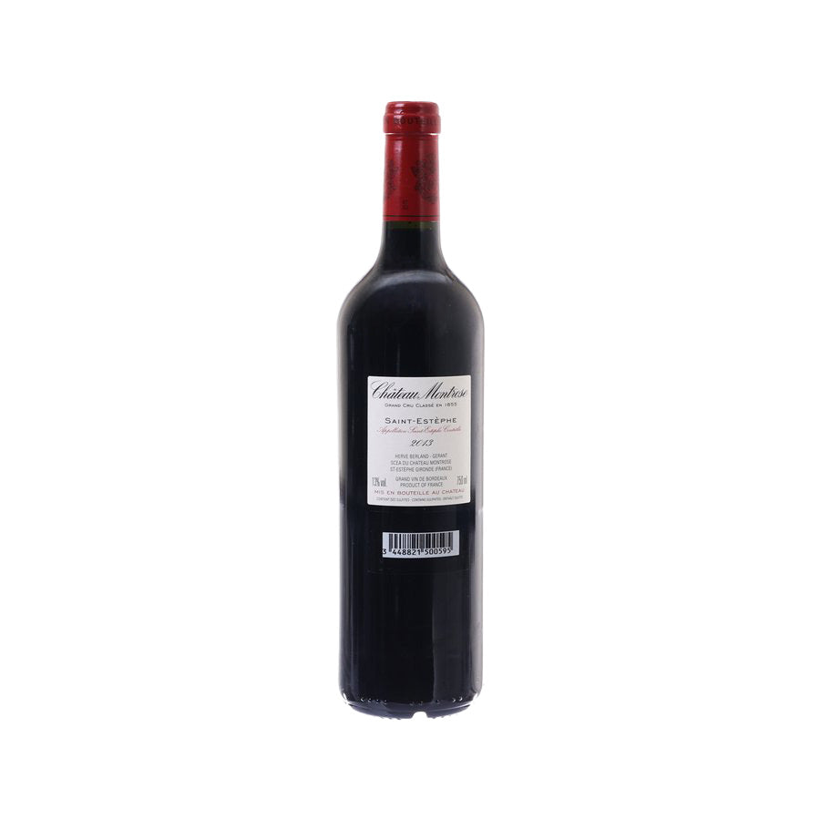 Red wine bottle with back label, corked top, 750mL