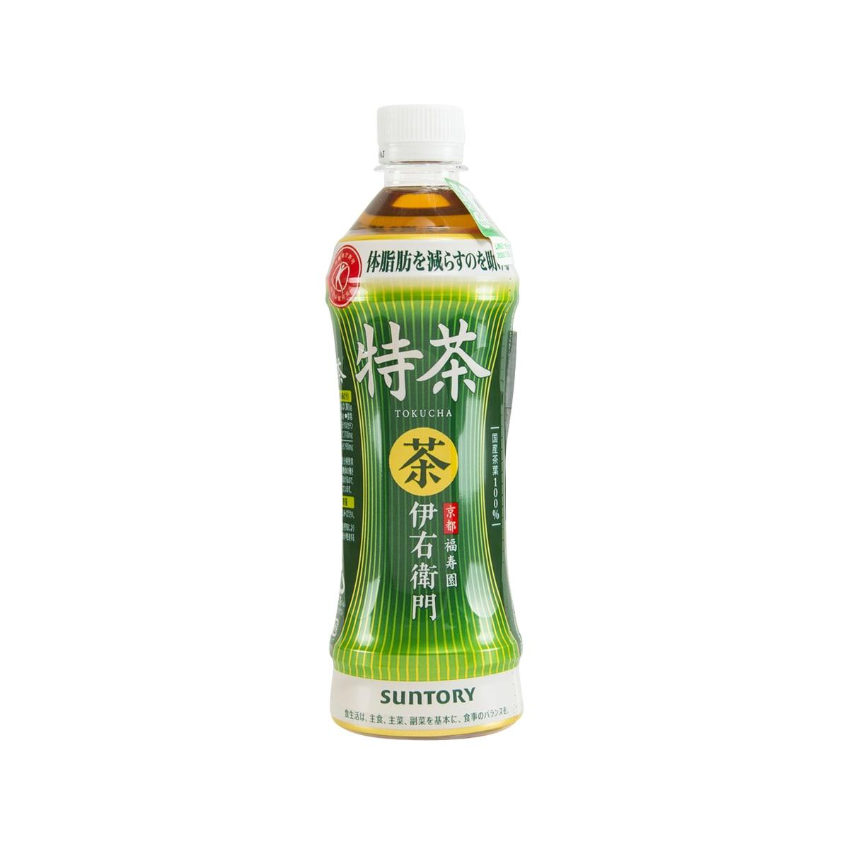 500 mL bottle of IYEMON Tokucha green tea with quercetin, green label and white cap