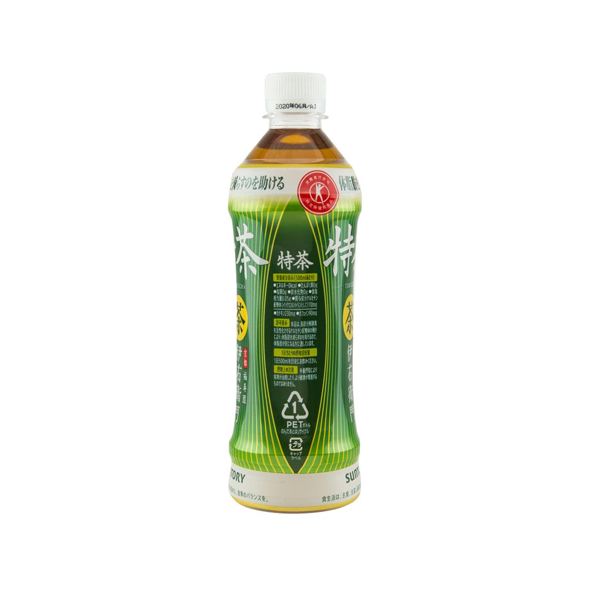 500 mL green tea beverage bottle with back label, barcode, and ingredient text