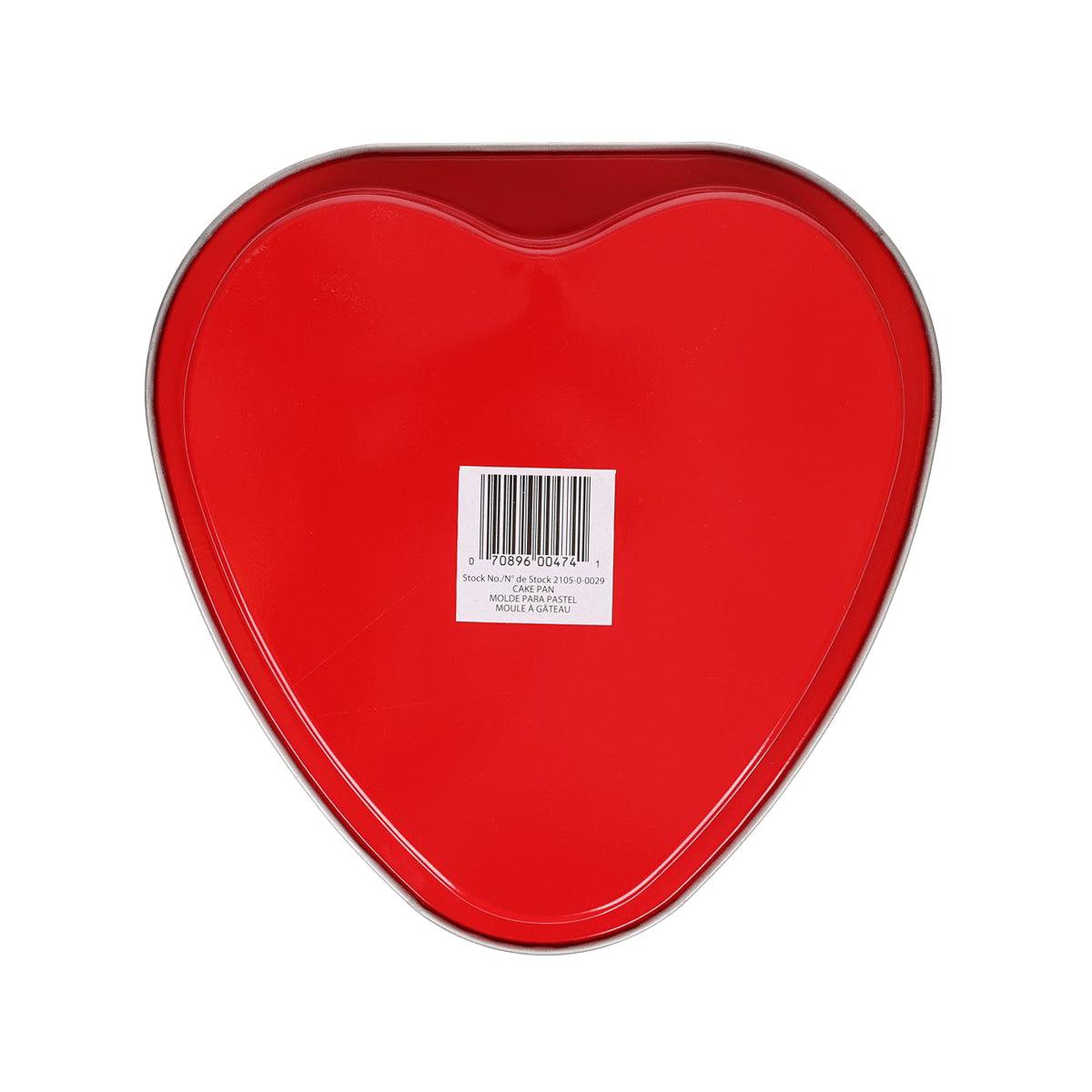 Red heart-shaped steel baking pan tin with barcode label on front