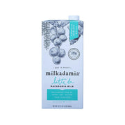 Milkadamia latte da macadamia milk carton, blue fruit design, 946 mL.