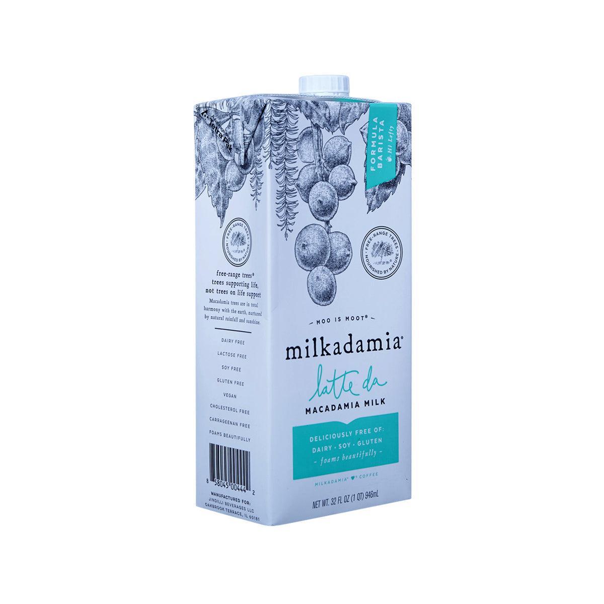 Milkadamia latte da macadamia milk carton, back panel view, 946 mL.