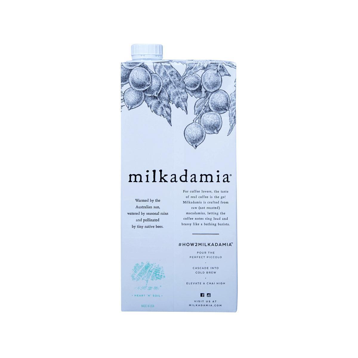 Milkadamia latte da macadamia milk carton, back text and fruit illustration, 946 mL.