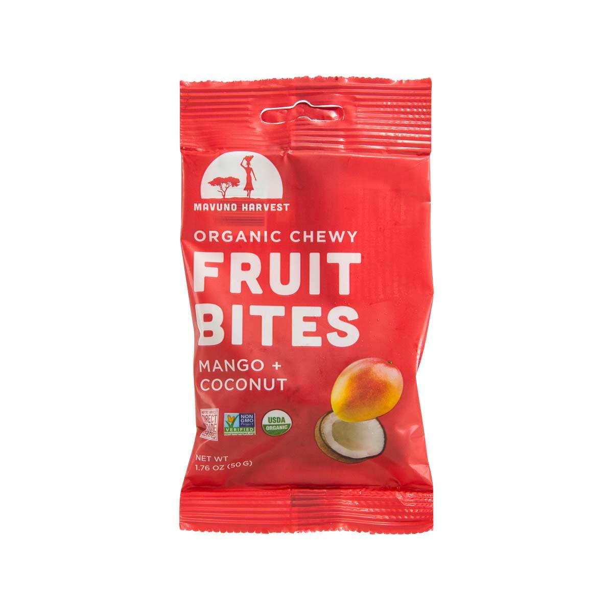 Red snack pouch for organic chewy fruit bites, mango + coconut