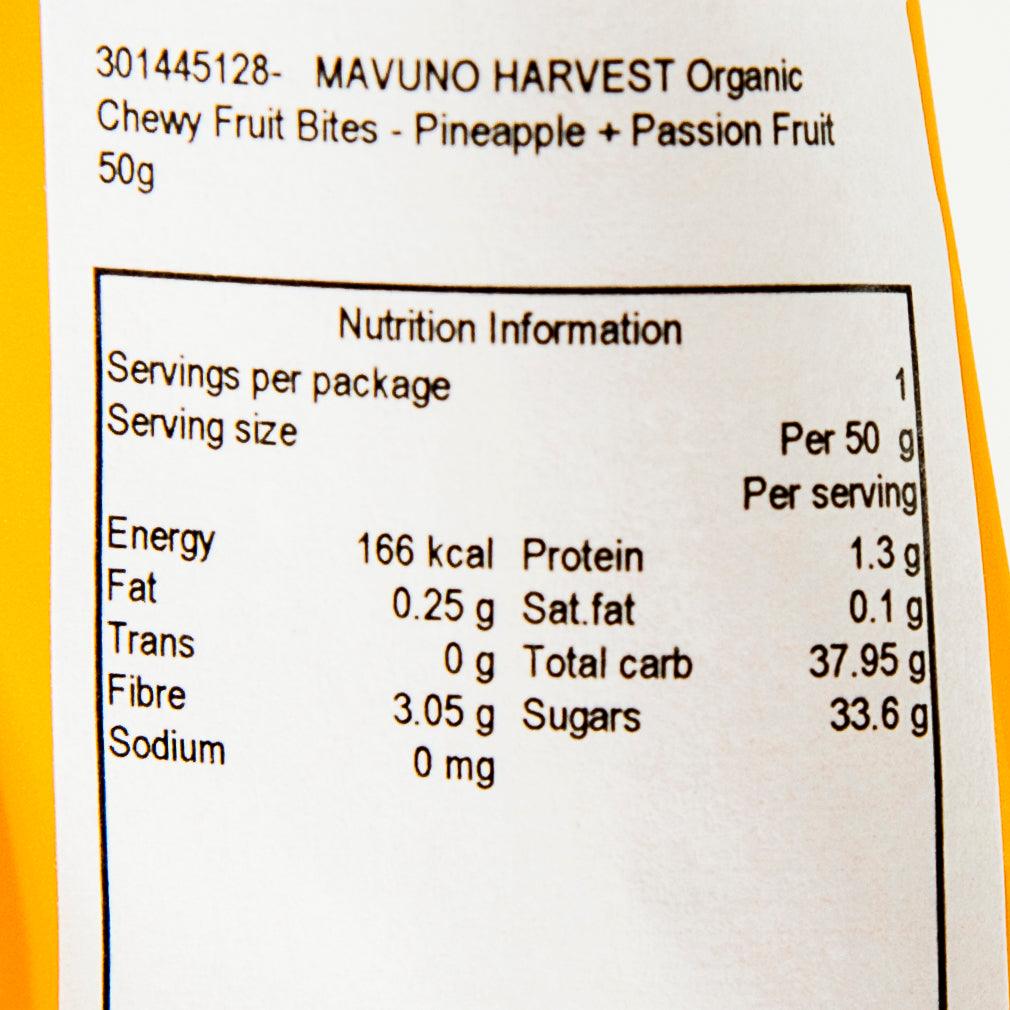 Nutrition information panel for organic chewy fruit bites, per 50 g serving