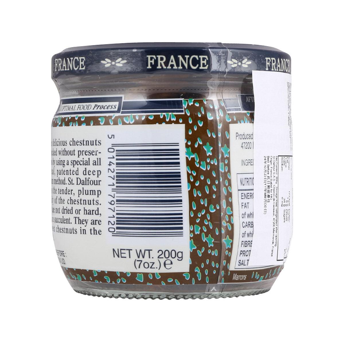 ST. DALFOUR whole chestnuts back label on 200g jar with barcode