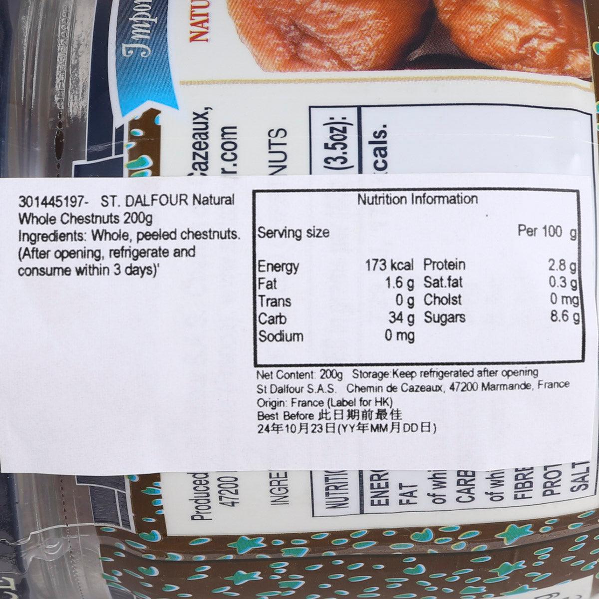 ST. DALFOUR whole chestnuts nutrition facts panel on 200g jar