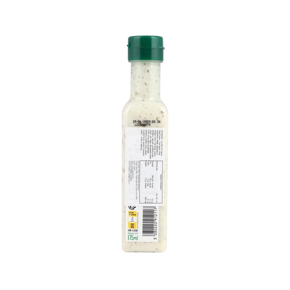 French salad sauce bottle with green cap, back label view