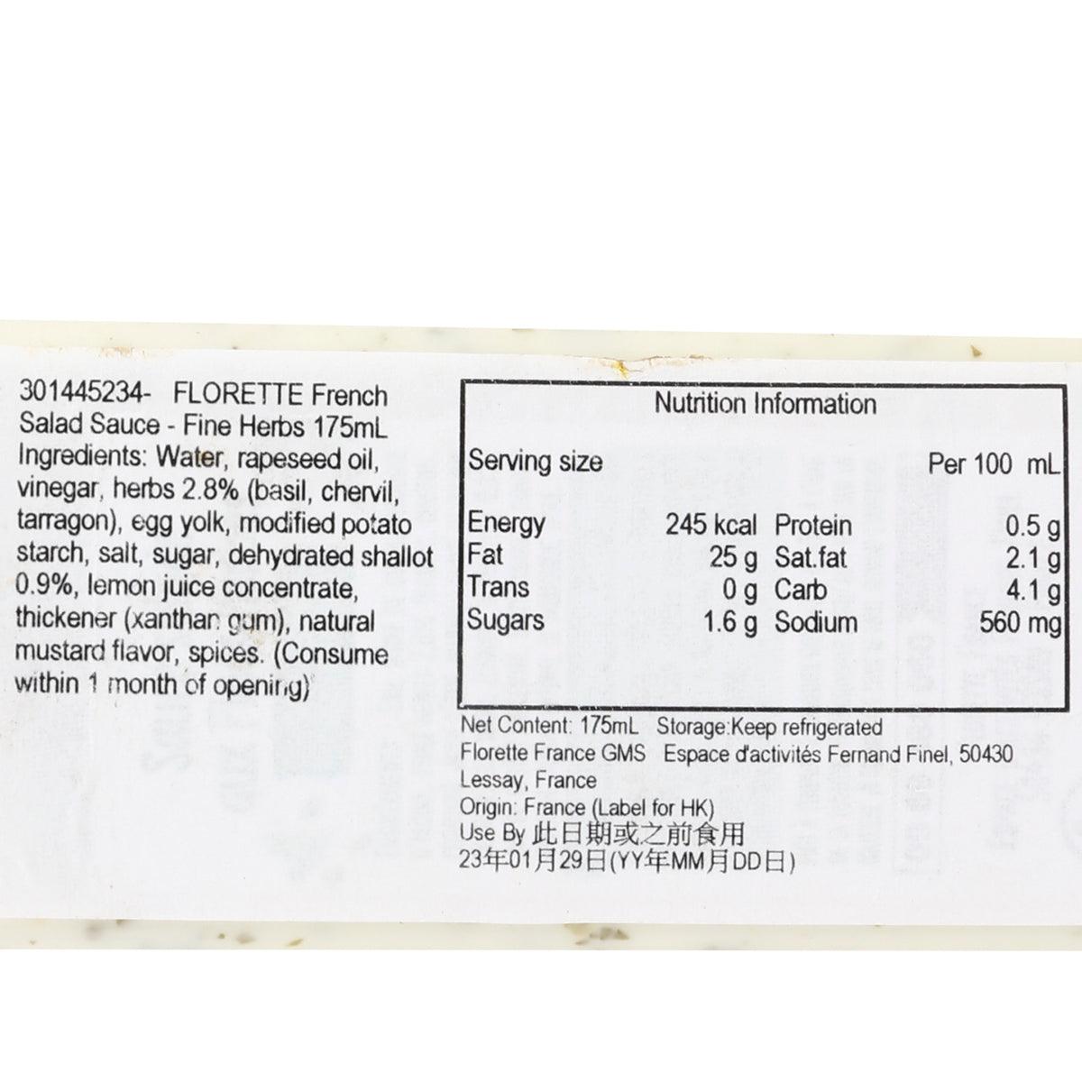 French salad sauce label close-up showing nutrition information and ingredients