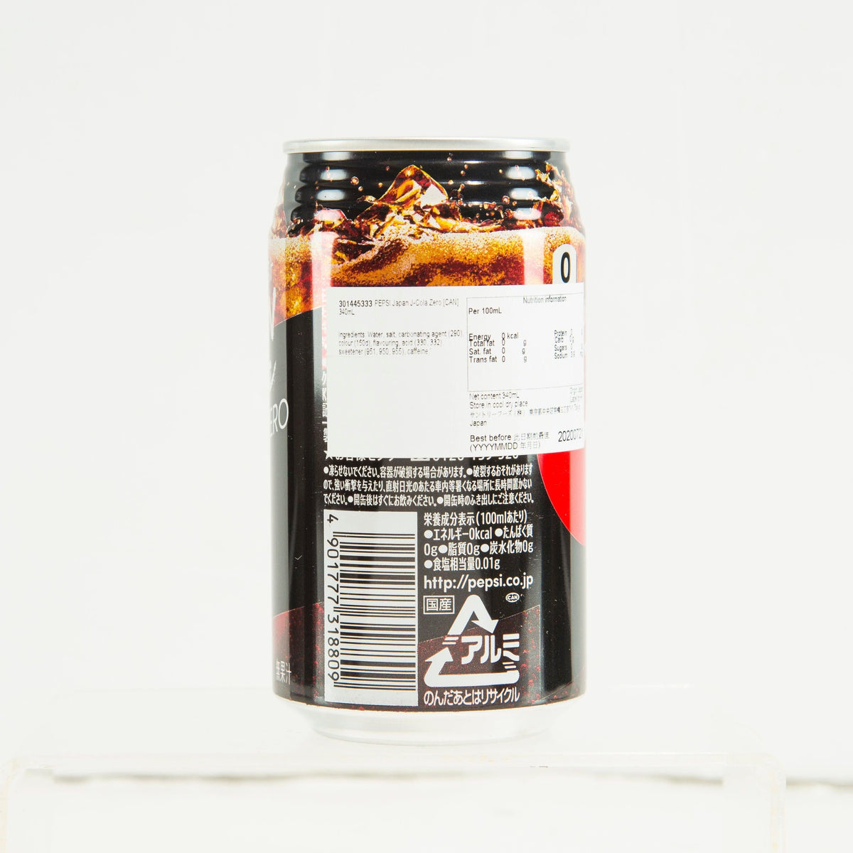 Pepsi J-Cola Zero can with back label, barcode, 340 mL