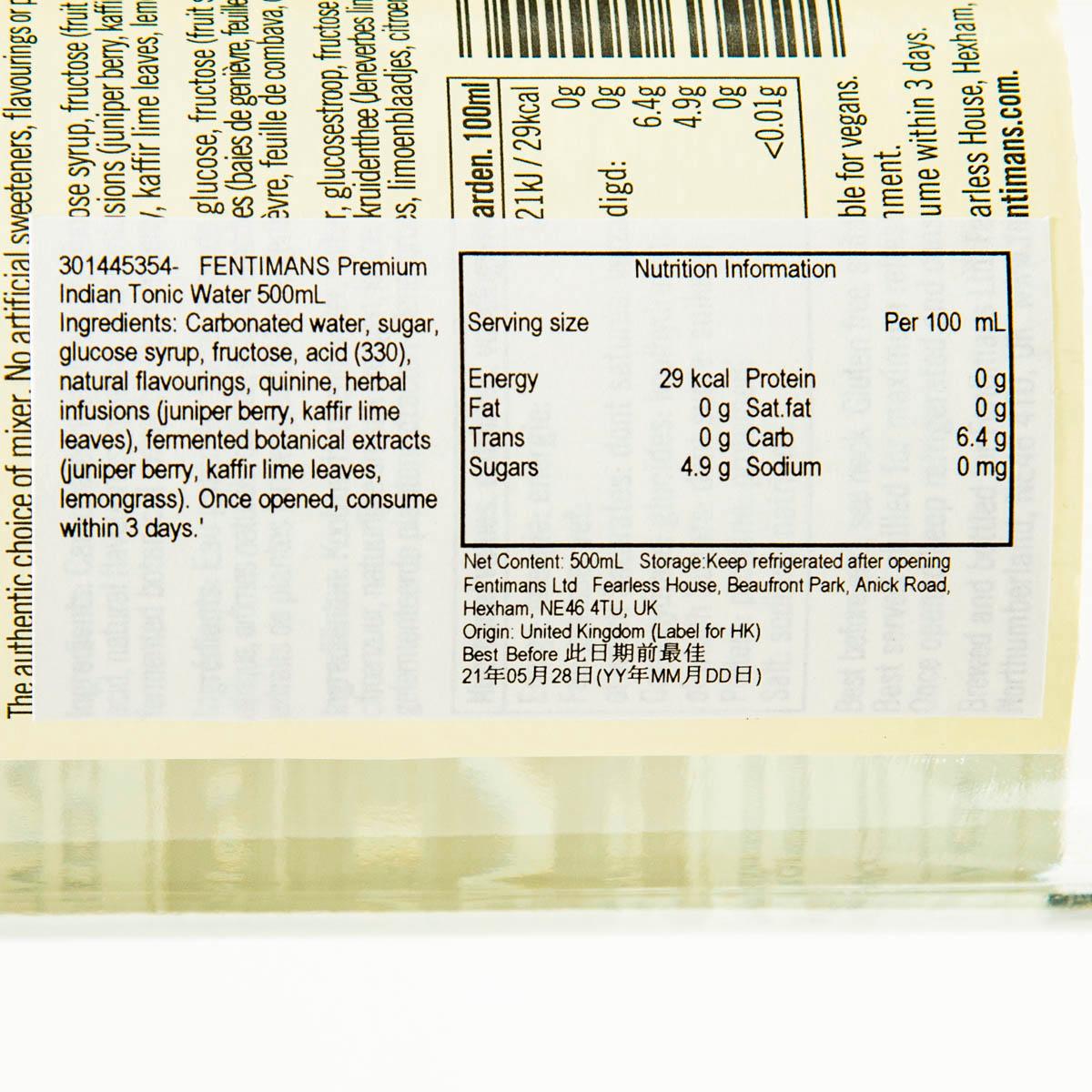 FENTIMANS tonic water bottle label close-up, nutrition information