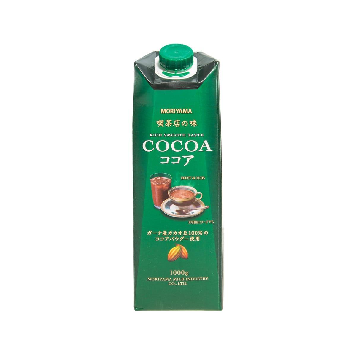 MORIYAMA Cocoa Drink carton, 1000g, green with green screw cap and cocoa cup graphics.