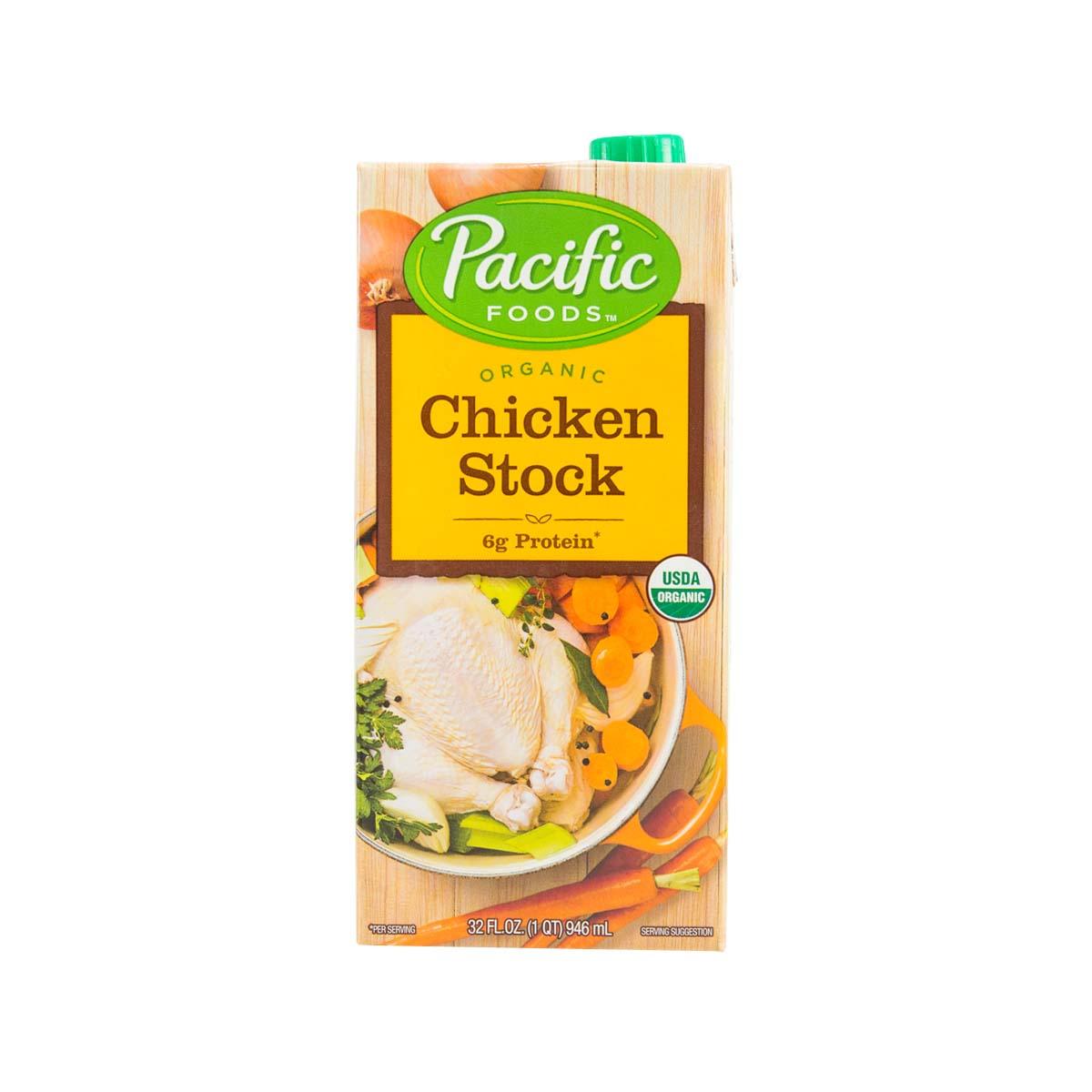 PACIFIC Organic chicken stock carton, front panel with chicken stock label