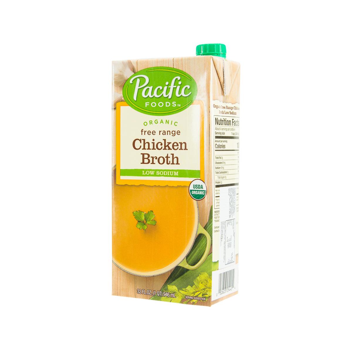 Pacific Foods organic low-sodium chicken broth pouch back panel with product info