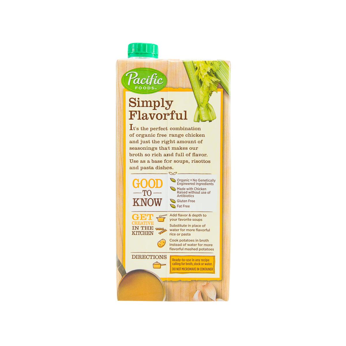 Pacific Foods Simply Flavorful organic chicken broth pouch back with usage directions
