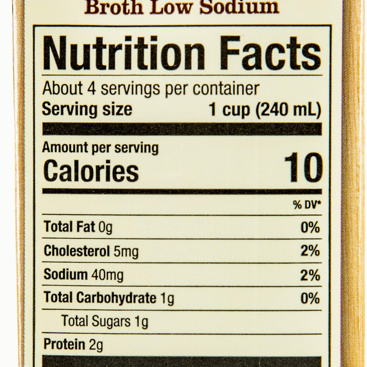 Nutrition Facts label for low-sodium chicken broth, serving size 1 cup (240 mL)