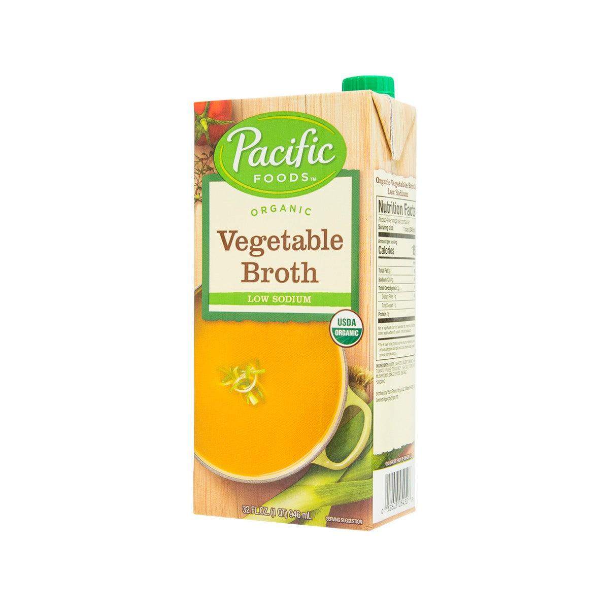 Organic vegetable broth carton-style package, side panel visible with nutrition text