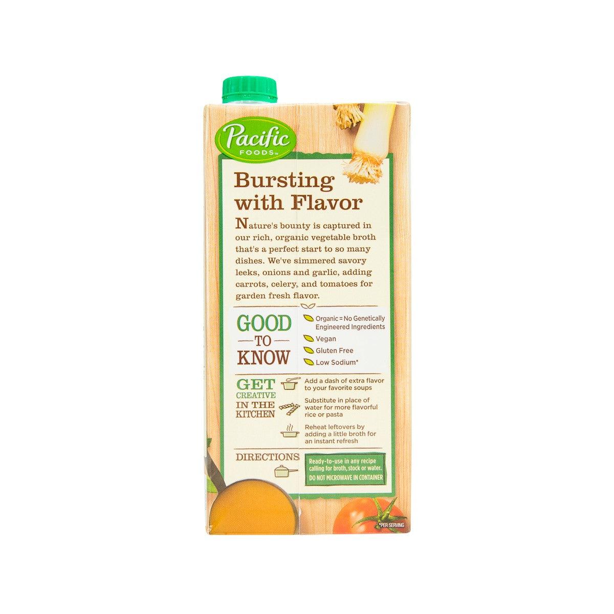 Organic vegetable broth back panel with ingredients and cooking directions