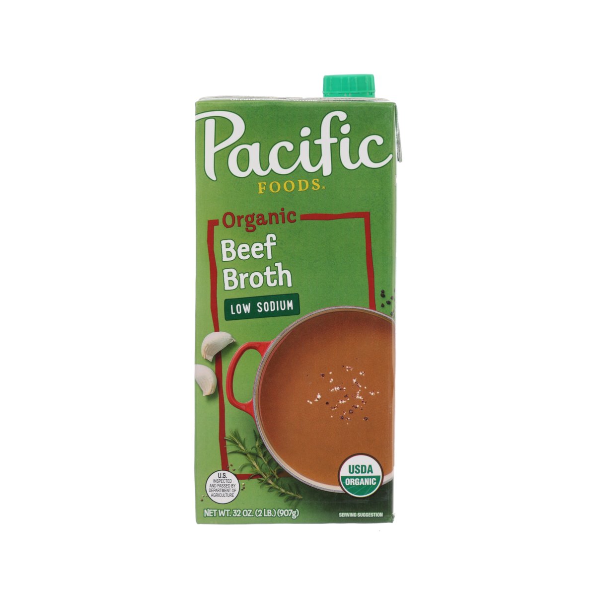 PACIFIC Organic beef broth low sodium carton, green label with bowl of broth
