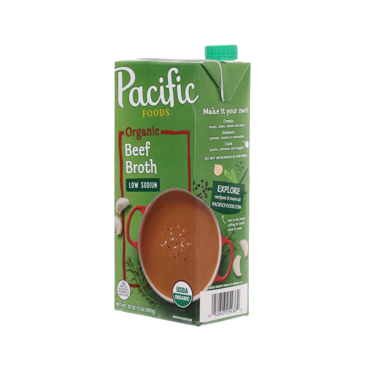 PACIFIC Organic beef broth low sodium carton, side panel with cooking and explore text