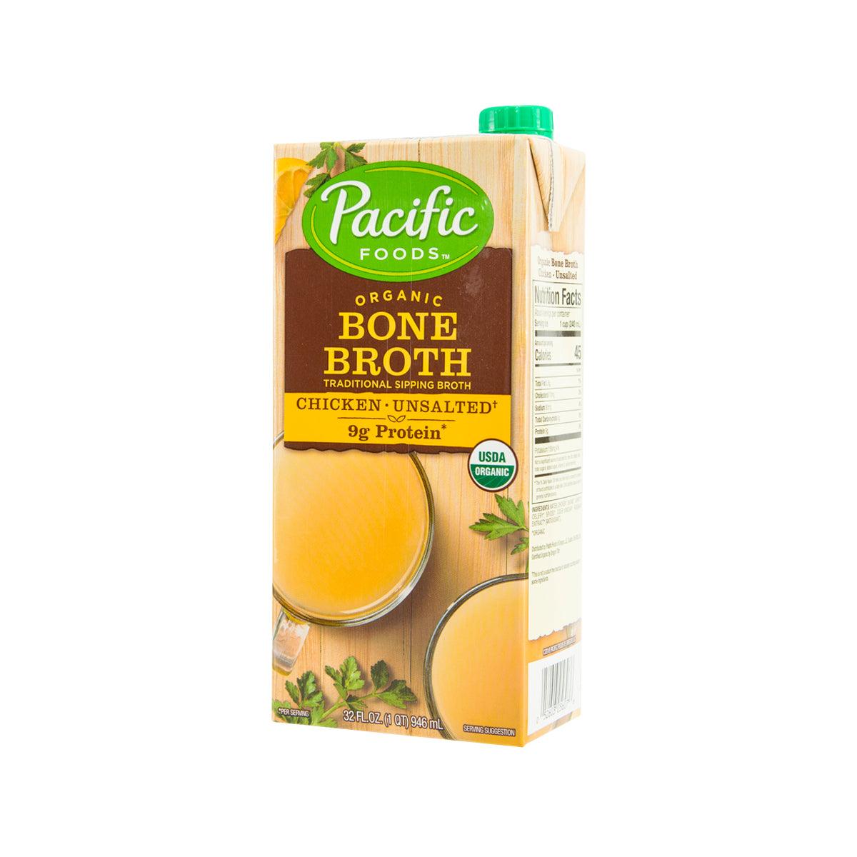 Organic chicken bone broth carton, back view with ingredients and nutrition info
