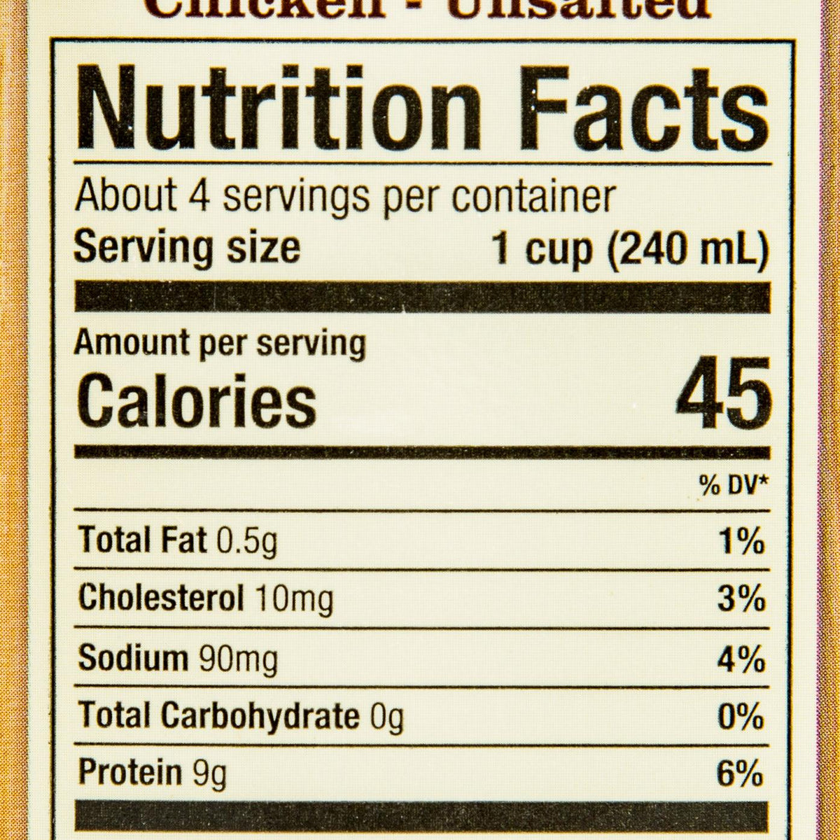 Nutrition Facts closeup for organic chicken bone broth, 45 calories per serving