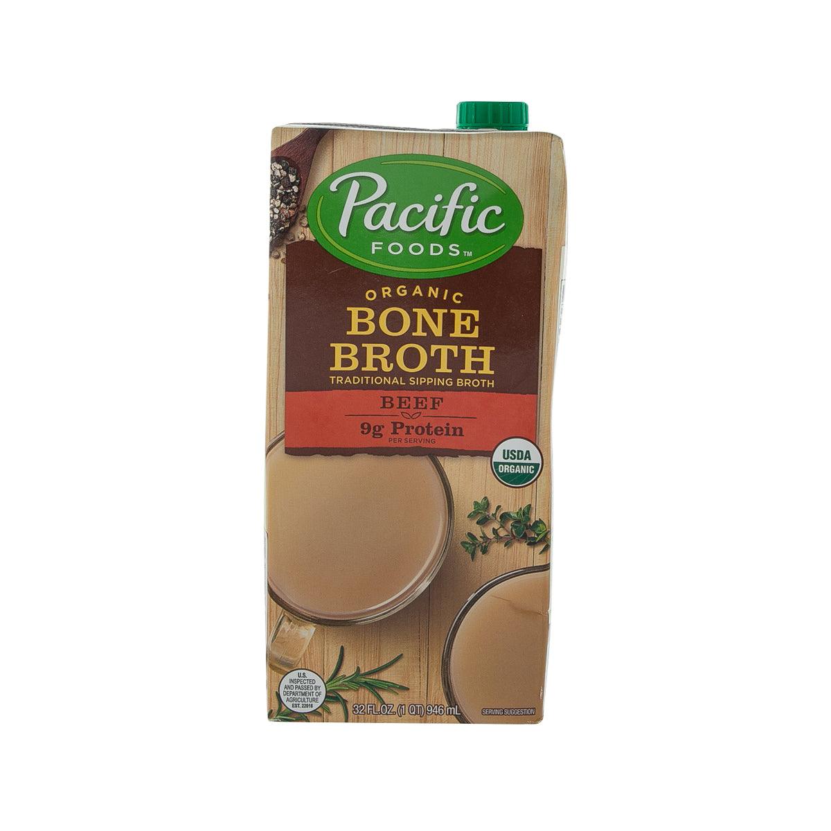 Organic beef bone broth carton with green cap and front label