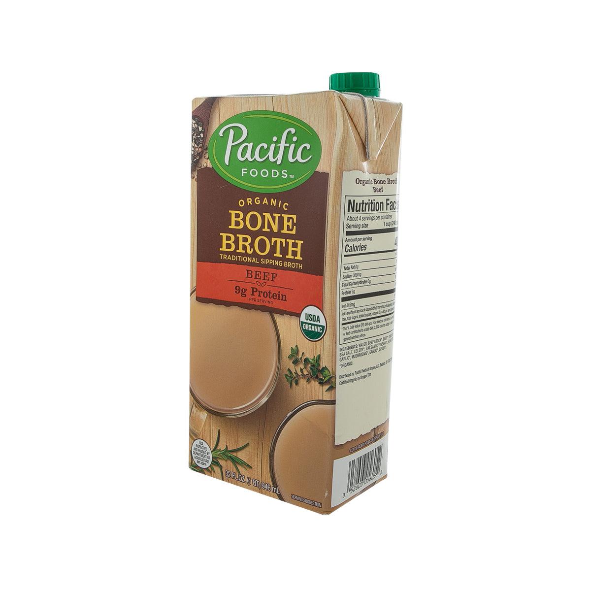 Organic beef bone broth carton back panel with nutrition table and green cap